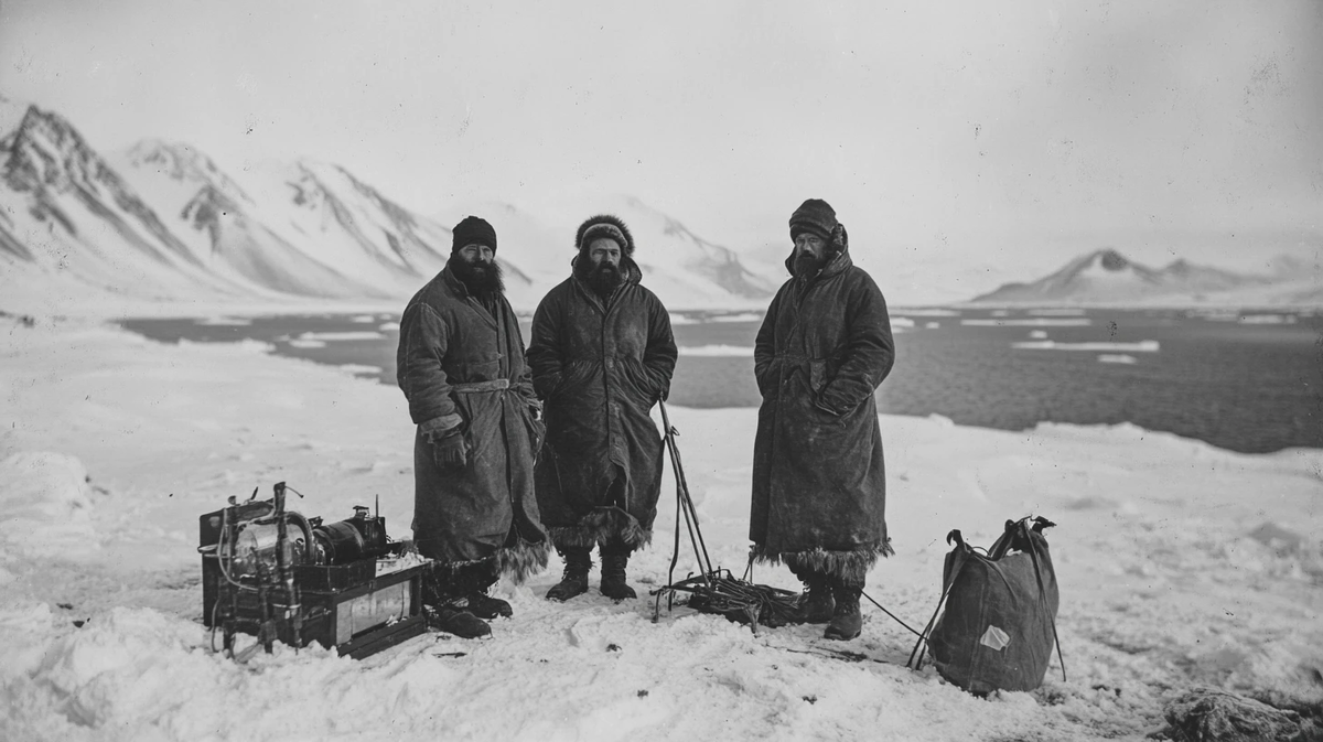 Команда Андре на Шпицбергене. Слева направо: энтузиазм, надежда и неведение о грядущих испытаниях.