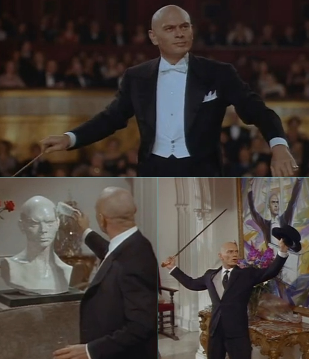 Режиссёр Стэнли Донен доверил Юлу Бриннеру роль талантливого и самовлюблённого дирижёра, которой держит в доме множество своих живописных и скульптурных портретов