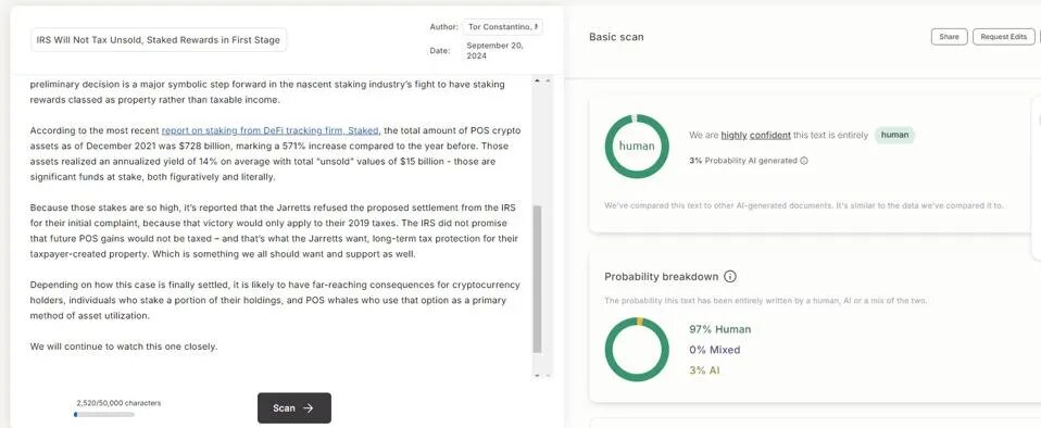 GPTZero правильно сканирует и идентифицирует фрагмент контента, созданный человеком