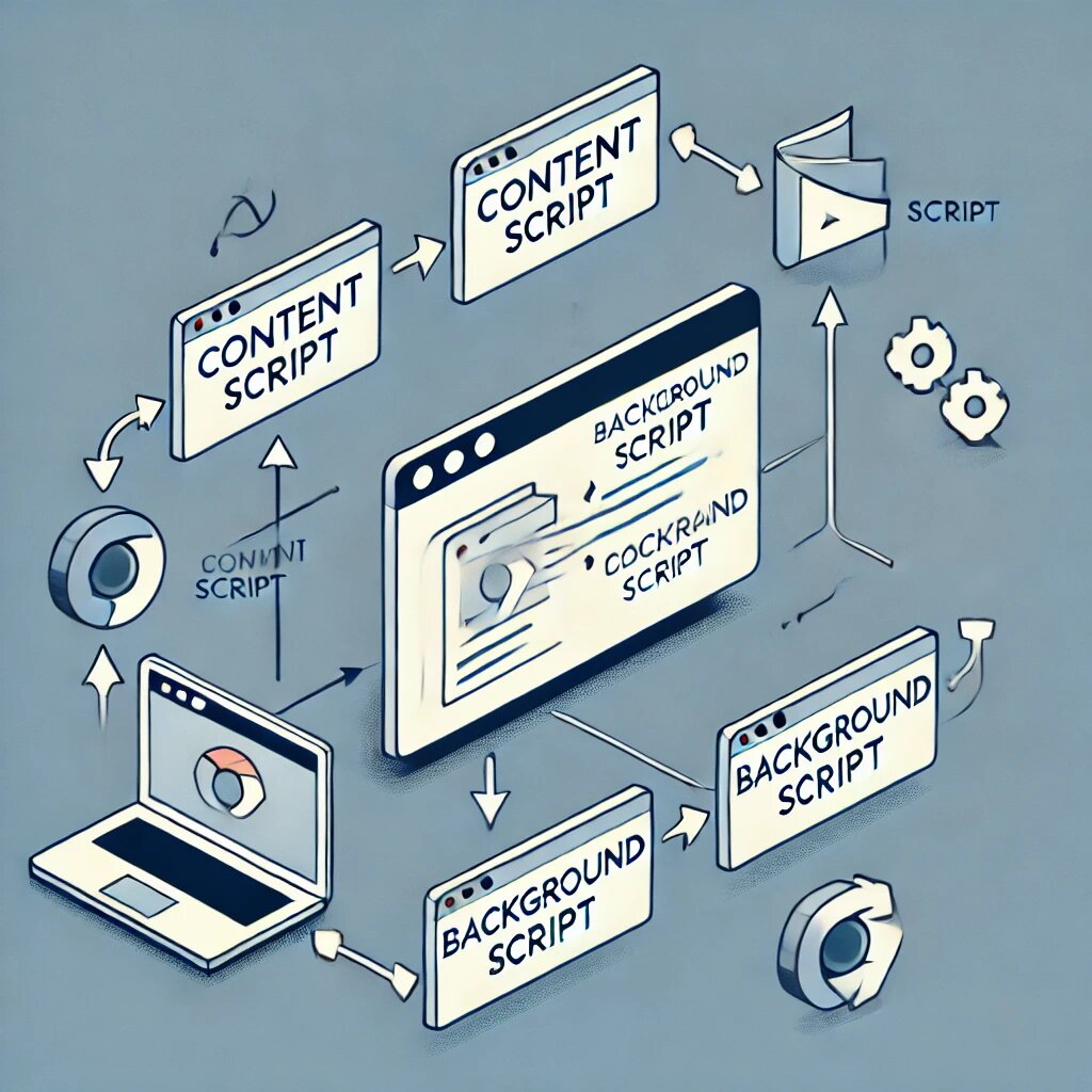 Иллюстрация, показывающая архитектуру расширения для браузера Chrome, с элементами взаимодействия между Content Script и Background Script. Она включает стрелки для отображения обмена сообщениями между компонентами, а также обозначения взаимодействия с веб-страницей и фоновыми процессами. ( сгенерирована нейросетью )
