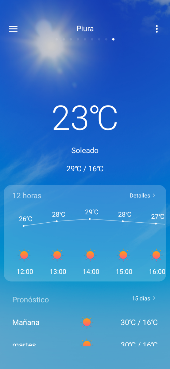Сейчас в городе Пьюра,где я нахожусь почти полдень и температура воздуха 23° С. Прекрасная весенняя погода.