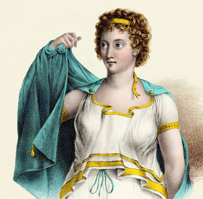 Агнодика на суде снимает тунику, чтобы показать свой истинный пол. Раскрашенная литография Огюста Фуко. 1833 г.