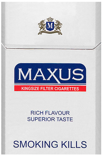 "Maxus". Duty Free, Иран, начало 2010 года. 20 штук с фильтром в боксе, обернутом целлофаном. Смола 12 мг, никотин 0,8 мг. Производитель: "Godfrey Philips", Индия. Владелец торговой марки: "Philip Morris Products S.A.".