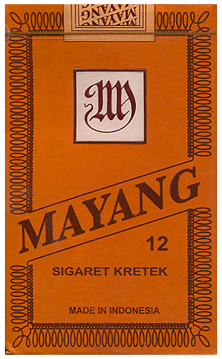 "Mayang". Индонезия, 2008 год. 12 штук (кретеков) в плотной упаковке. Содержание смолы 44,7 мг, никотина 2,3 мг. Цена 3975 рупий. Производитель: "Pelita Hasta Kencana", владелец торговой марки: "Pelita Hasta Kencana".