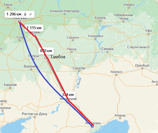 Астрахань - Москва: самолёт (синий) vs поезд (красный)
