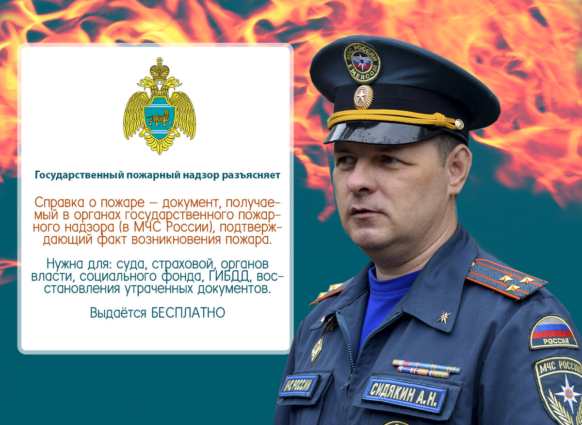 Справка о пожаре - бесплатная. Выдаёт её МЧС России.