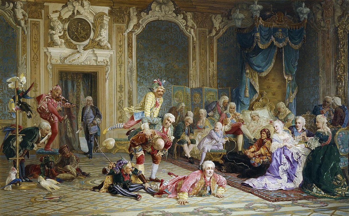Императрица Анна Иоанновна с придворными и шутами (юноша в центре картины, одетый в костюм бледно-лилового оттенка, Петр Бирон) / худ. В. Якоби 