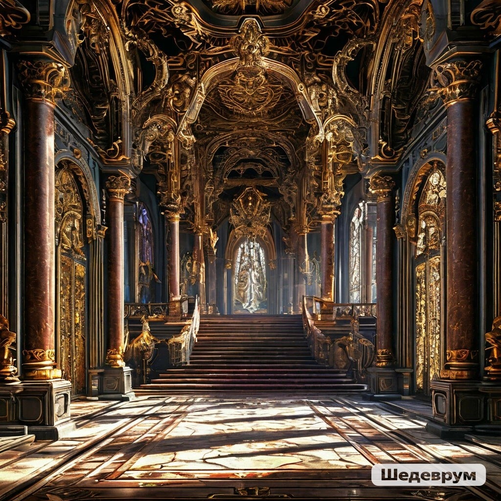 Изображение сгенерировано в нейросети Шедеврум на канале Попутный ветер - зал во дворце демона 