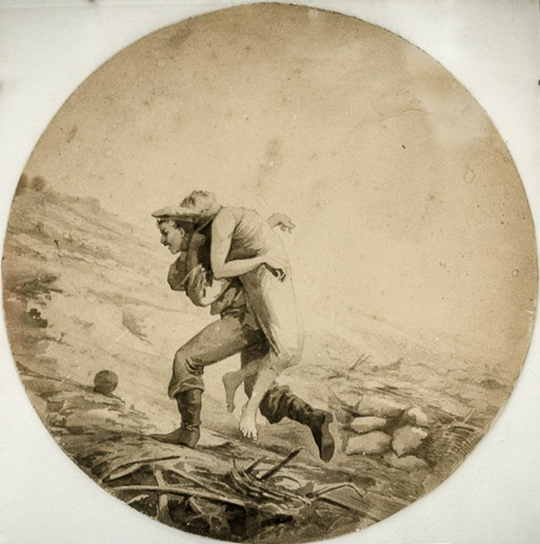 Петр Кошка выносит тело сапера Степана Трофимова. Рисунок художника Прянишникова, экспозиция музея Черноморского флота