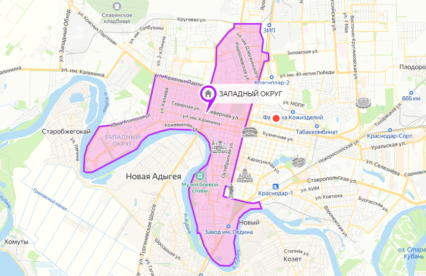 Карта с границами Западного округа г. Краснодар