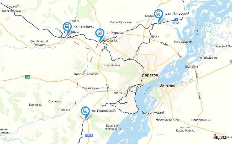 © yandex.ru/map-constructor (Коричневым — участок Липовский – Курдюм, построенный еще при СССР. Синим — другие действующие линии)