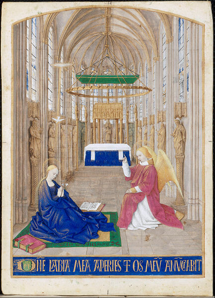 Жан Фуке, Благовещение, 1452–1460 гг. Миниатюра. Из иллюминированной рукописи «Heures d'Etienne Chevaliers». Шантильи, Музей Конде.