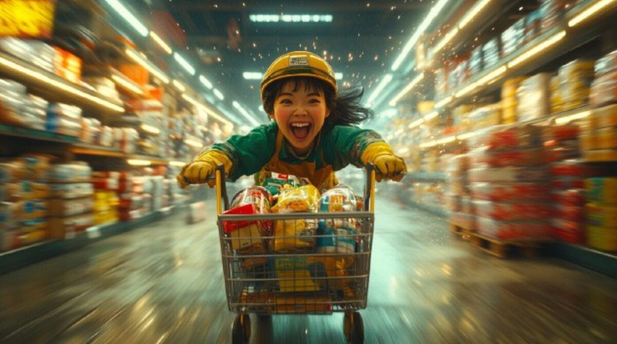 Сборщик заказов летит на очередной заказ 