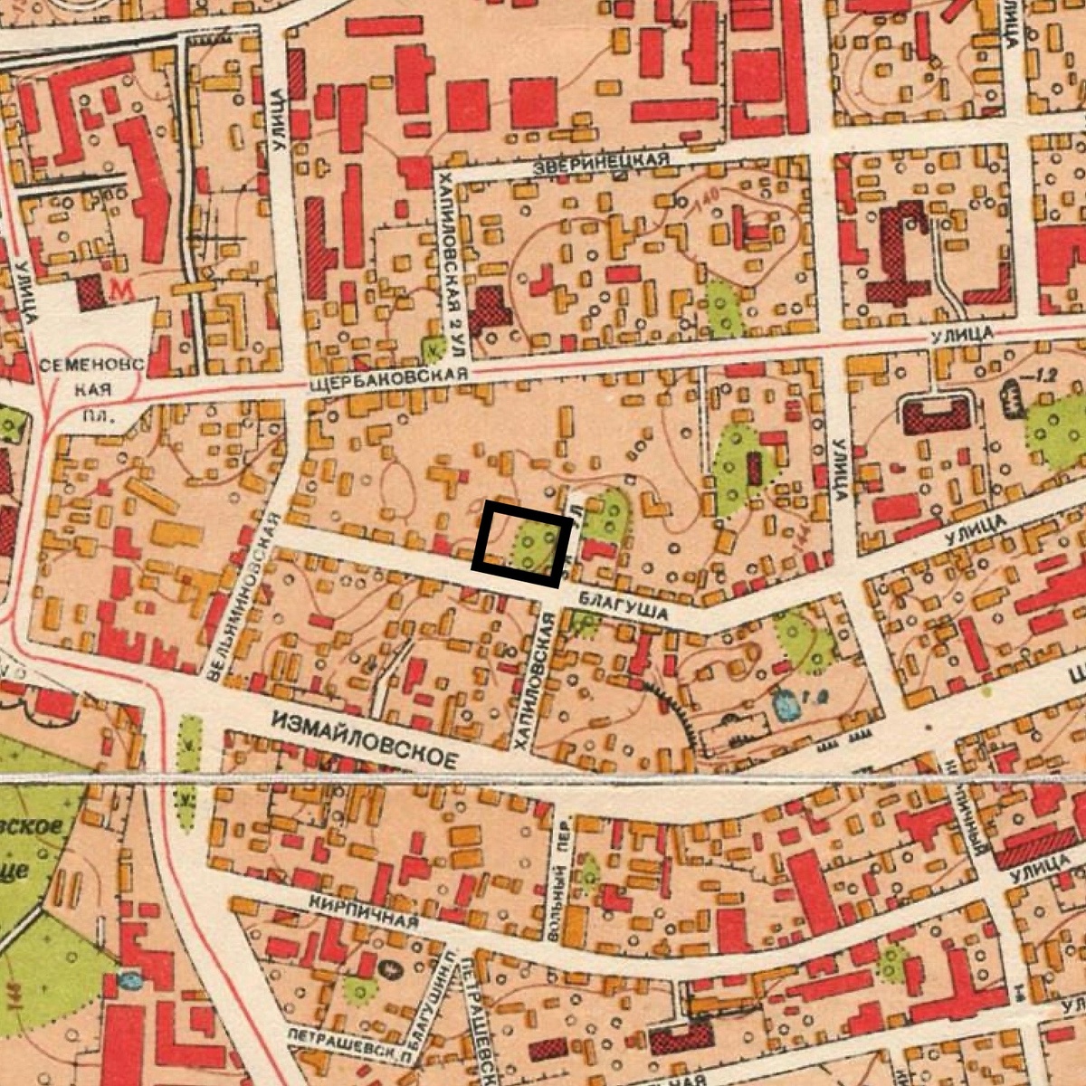 Бывшее владение С.С. Ермакова (выделено черным) на карте Москвы 1952 г. 