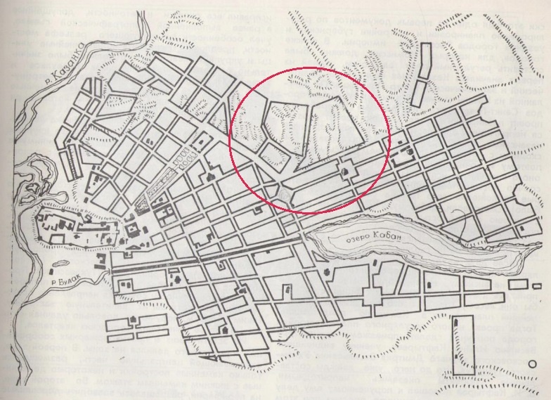 Территория Первой горы уже отмечена на первом генплане Казани Василия Кафтырева. 1768 год. 