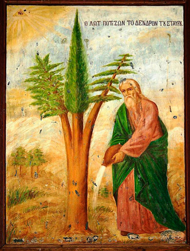 старинная икона "Лот, поливающий древо Креста Господня"