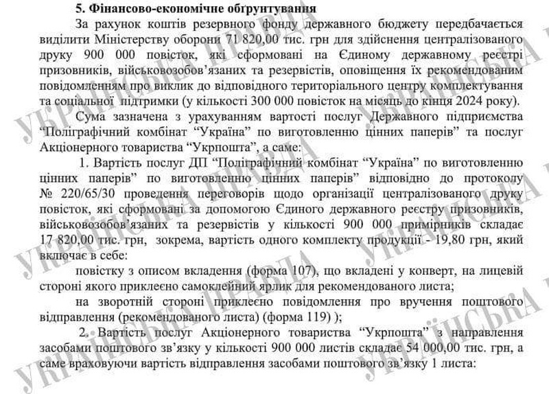    Кабмин Украины выделил почти 72 млн гривен на рассылку повесток по почте