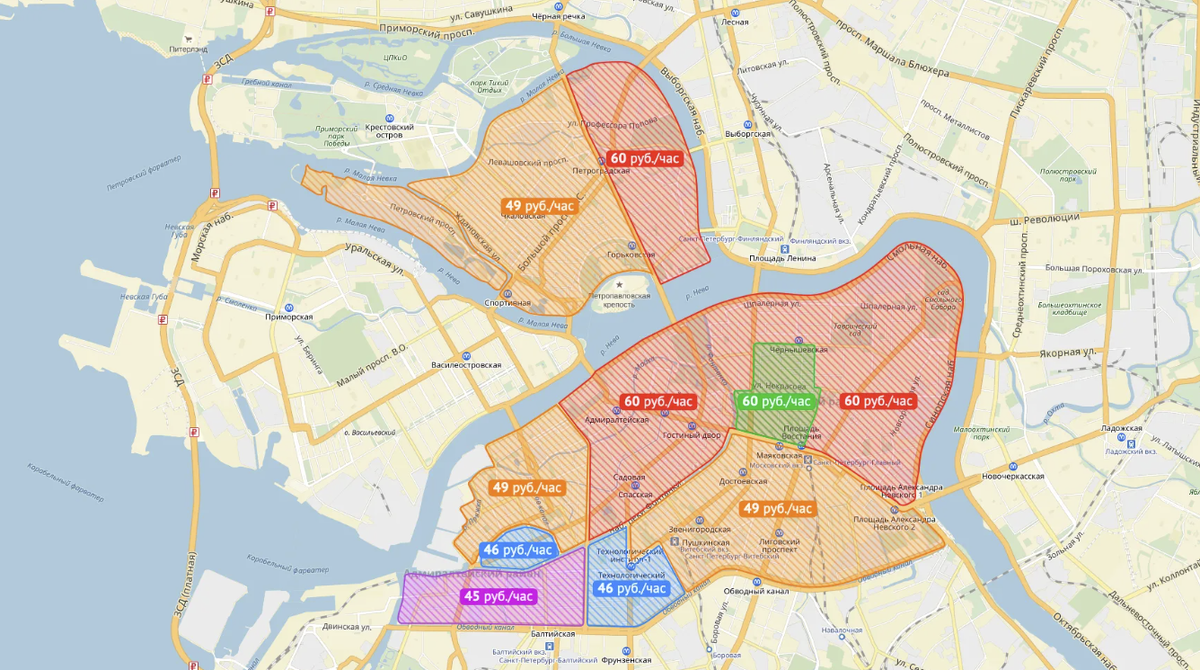 Схема границ зон платной парковки в Санкт-Петербурге, 2024