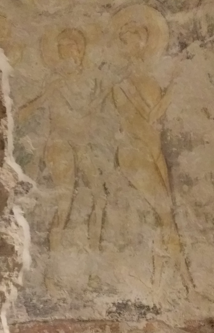 (Фото: фрагмент фрески Спасо-Преображенского собора Мирожского монастыря, 12в. Адам и Ева у врат Рая)