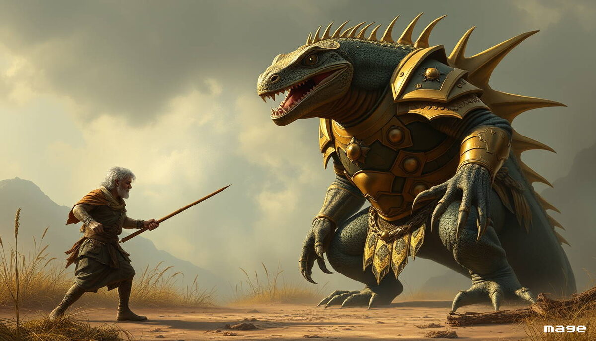 Рептилоид в золотой броне неприкосновенности чувствует себя недостаточно защищенным. Ему бы щит и булаву против этого старикашки с большим и страшным карандашом