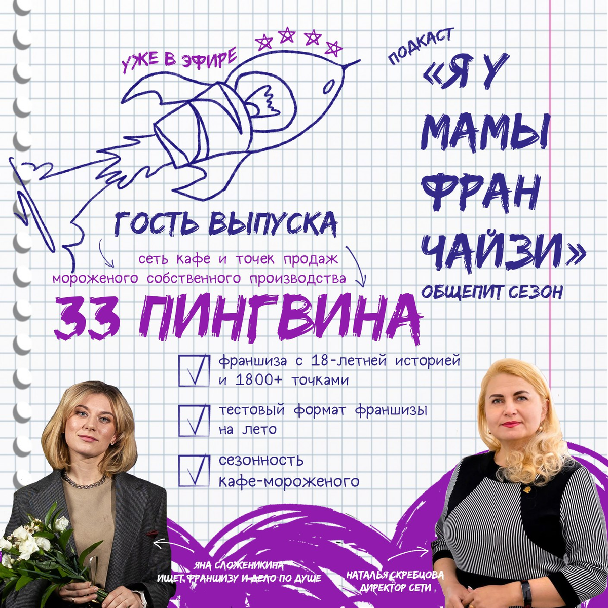 Яна Сложеникина, ведущая подкаста Я У МАМЫ ФРАНЧАЙЗИ и гостья выпуска Наталья Скрипцова - директор сети кафе и точек продаж мороженого собственного производства 33 ПИНГВИНА