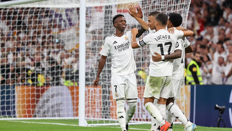    Футболисты «Реала» Винисиус, Килиан Мбаппе и Лукас Васкес. Global Look Press