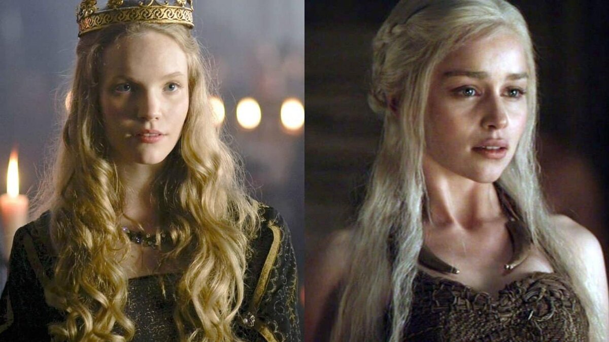 Пилотные кадр с Тэмзин Мерчант и Эмилия Кларк в первом сезоне в роли Матери драконов