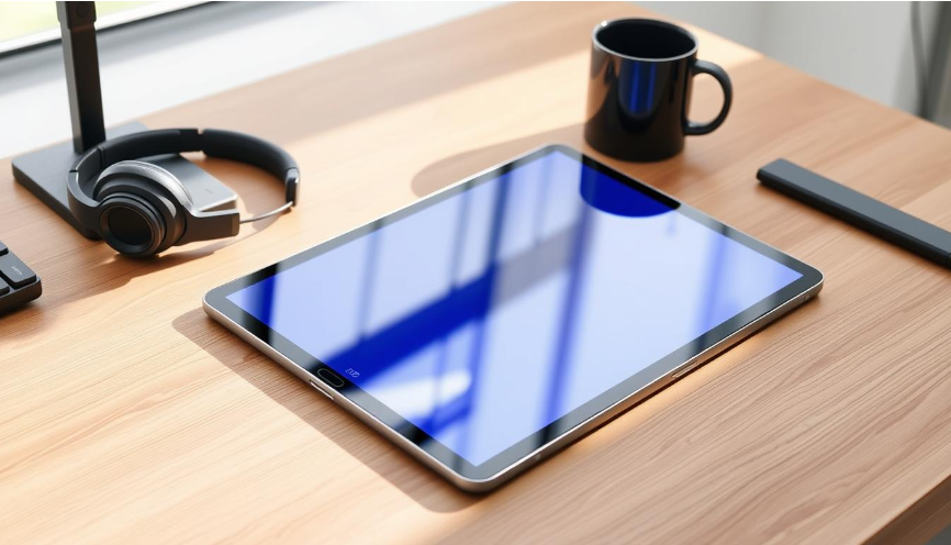 Изящный и современный планшет Samsung Galaxy Tab S9 элегантно расположен на минималистском деревянном столе, демонстрируя ультратонкий дизайн и яркий дисплей с мягким естественным светом, освещающим экран, в окружении пары стильных наушников и кофейной кружки, создавая впечатление продуктивного рабочего пространства. атмосфера.