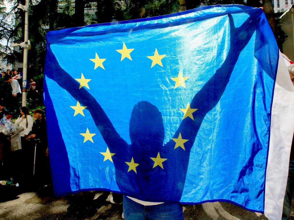    Участник акции протеста с флагом Евросоюза© AP Photo / Shakh Aivazov