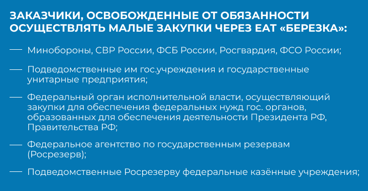 Заказчики, которых освободили от обязанности осуществления малых закупок через ЕАТ "Березка".