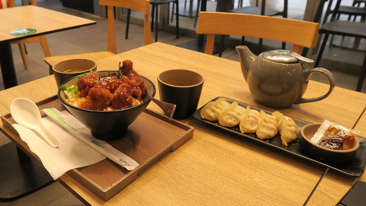 Японская кухня. оякодон —  блюдо с рисом и курицей в соусе и японские пельмешки гёдза