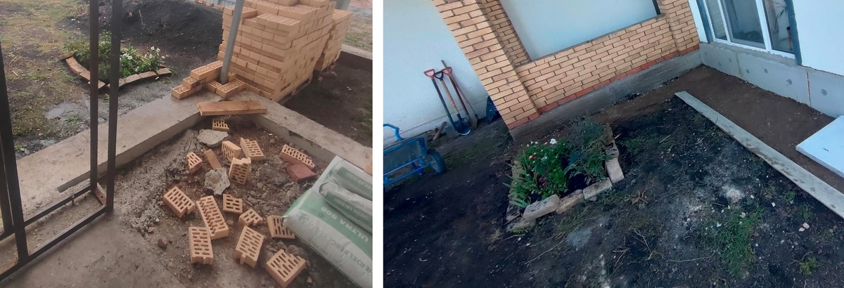 Стройка вокруг временной импровизированной клумбы