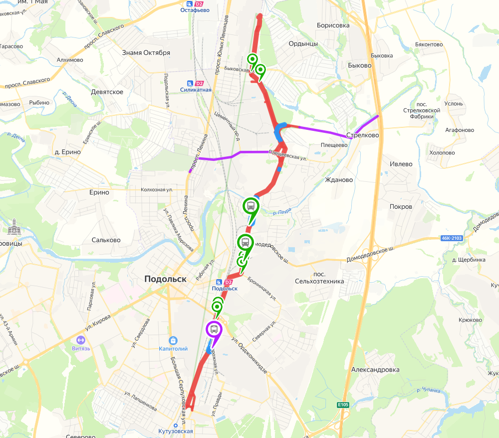 Трассировка (местоположение) Восточного обхода Подольска на карте.