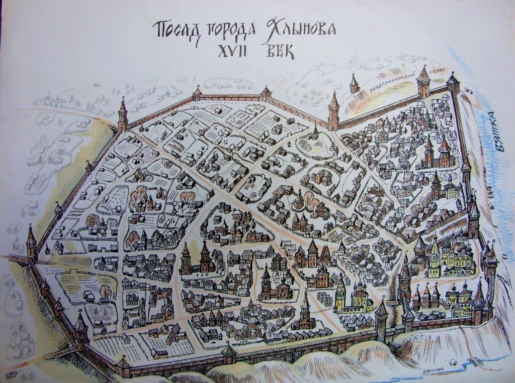 Рисунок Т.П. Дедовой Хлыновский посад и кремль в XVII в.
