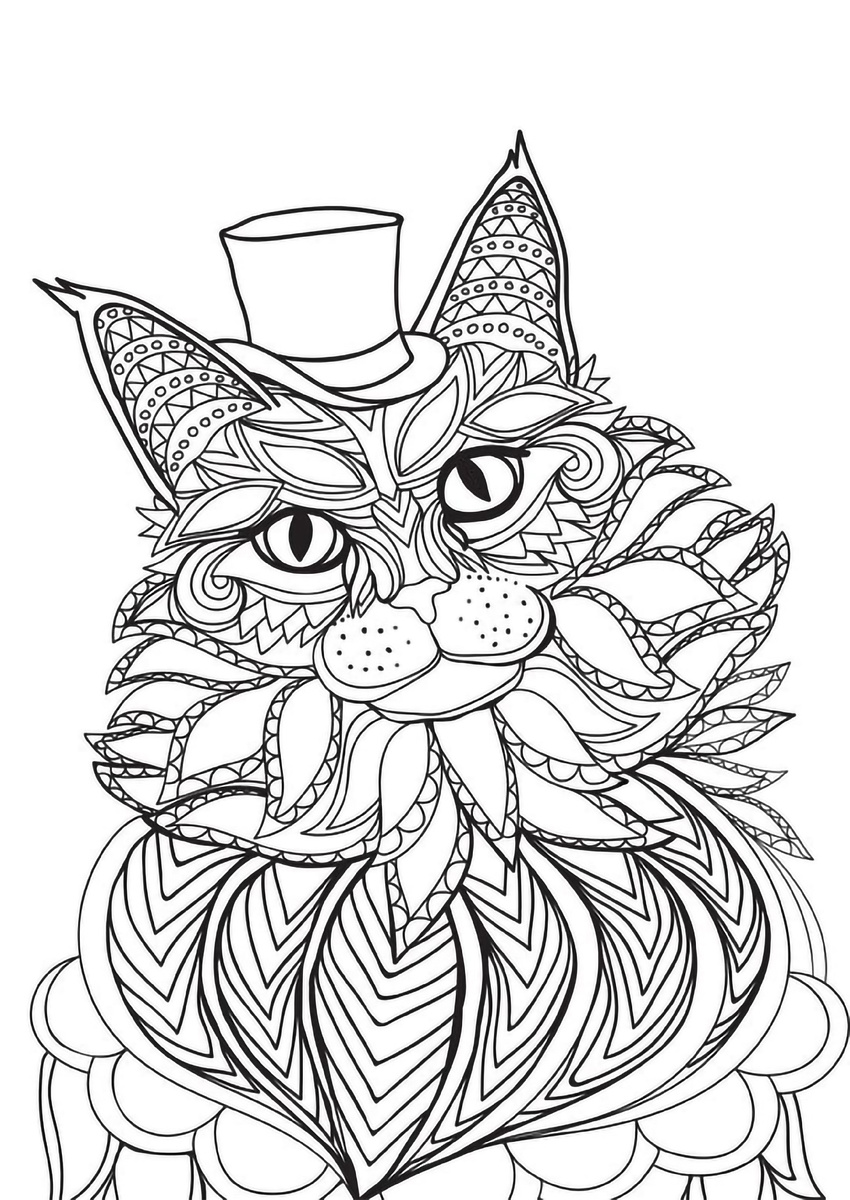 Красивая антистресс раскраска с котом в шляпе.