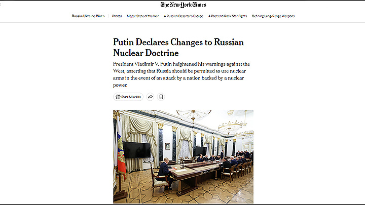    The New York Times. "Путин объявляет об изменениях в российской ядерной доктрине".