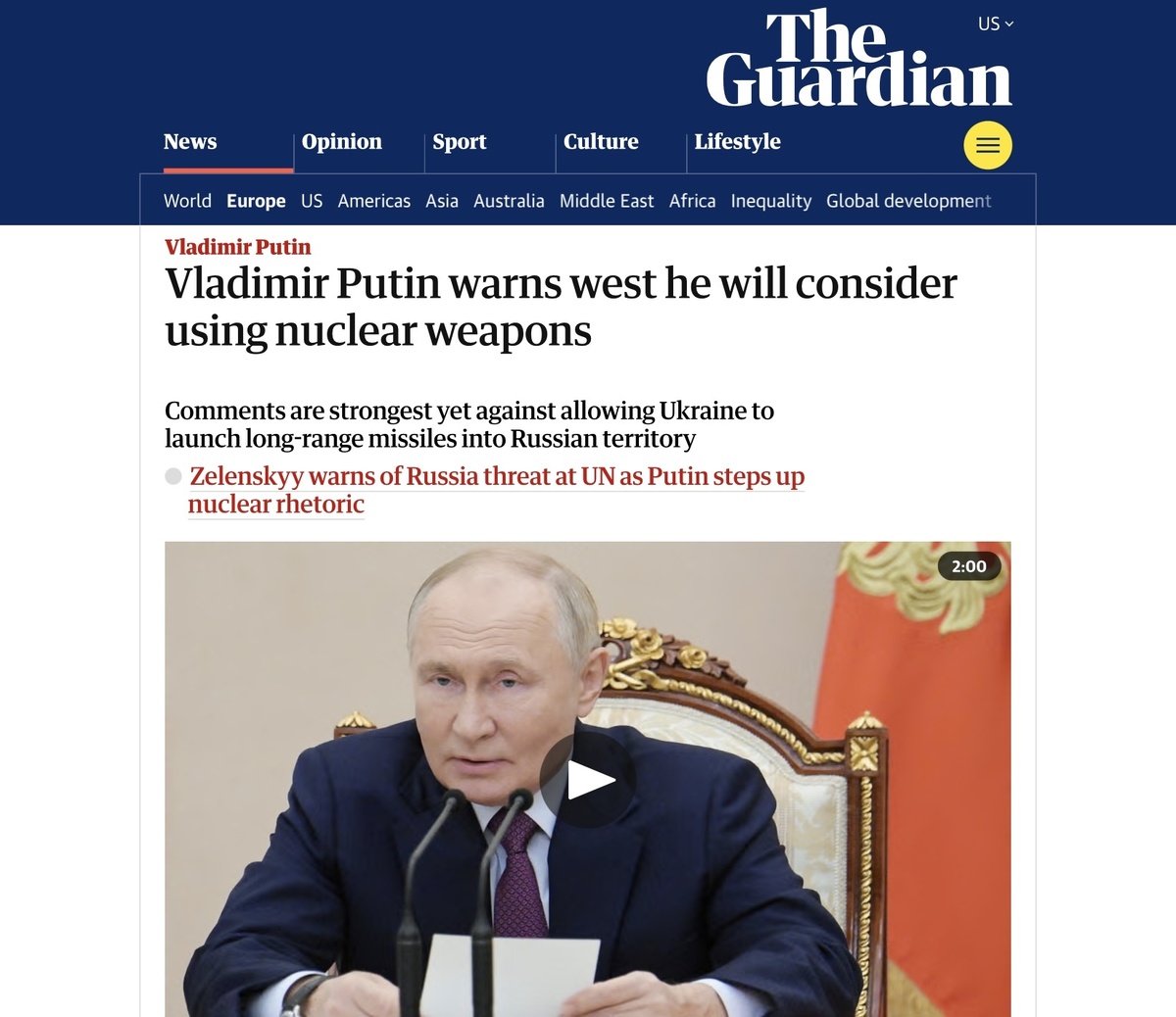     Путин предупредил Запад, что рассмотрит возможность применения ядерного оружия