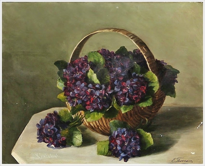 Эмми Мари Каролин Торнам. Натюрморт с фиалками в корзине