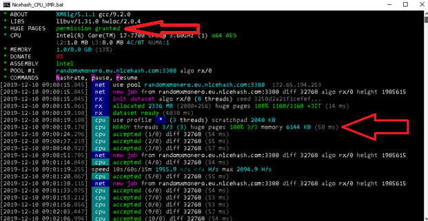 Скриншот майнера xmrig с работающей адресацией huge pages в OS Windows