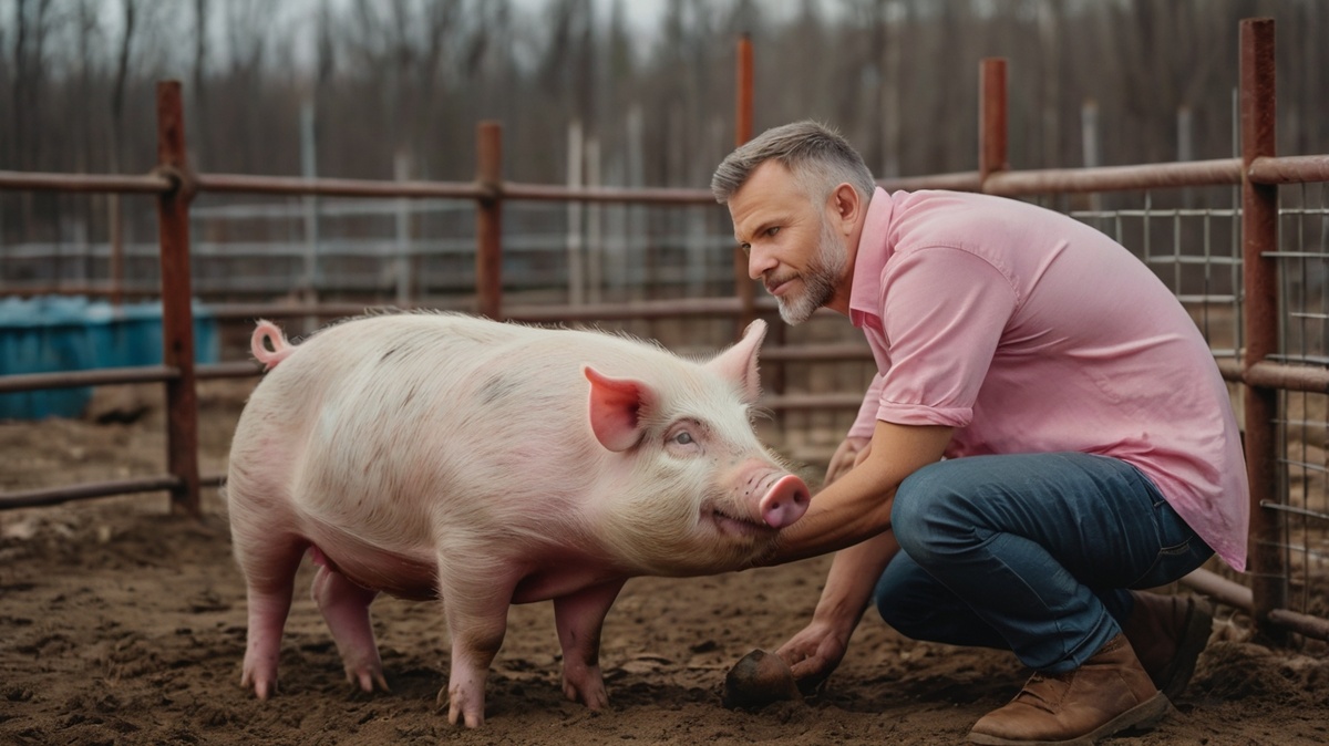 На фото Гаврила с хитрой улыбкой, он рядом с откормленной розовой свиньёй, которая мирно пасётся и даже не представляет, что с ней собираются сделать.