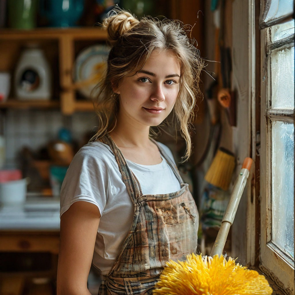 Девушка убирается.