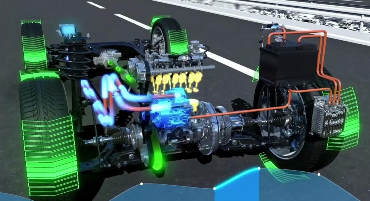 Мягкий гибрид от Geely крайне компактен. Вся система состоит из мотора-генератора, который умеет как отдавать мощность, так и рекуперировать её, преобразователя напряжения из 48 в 12 вольт и небольшой 48 вольтовой литий-ионной батареи.