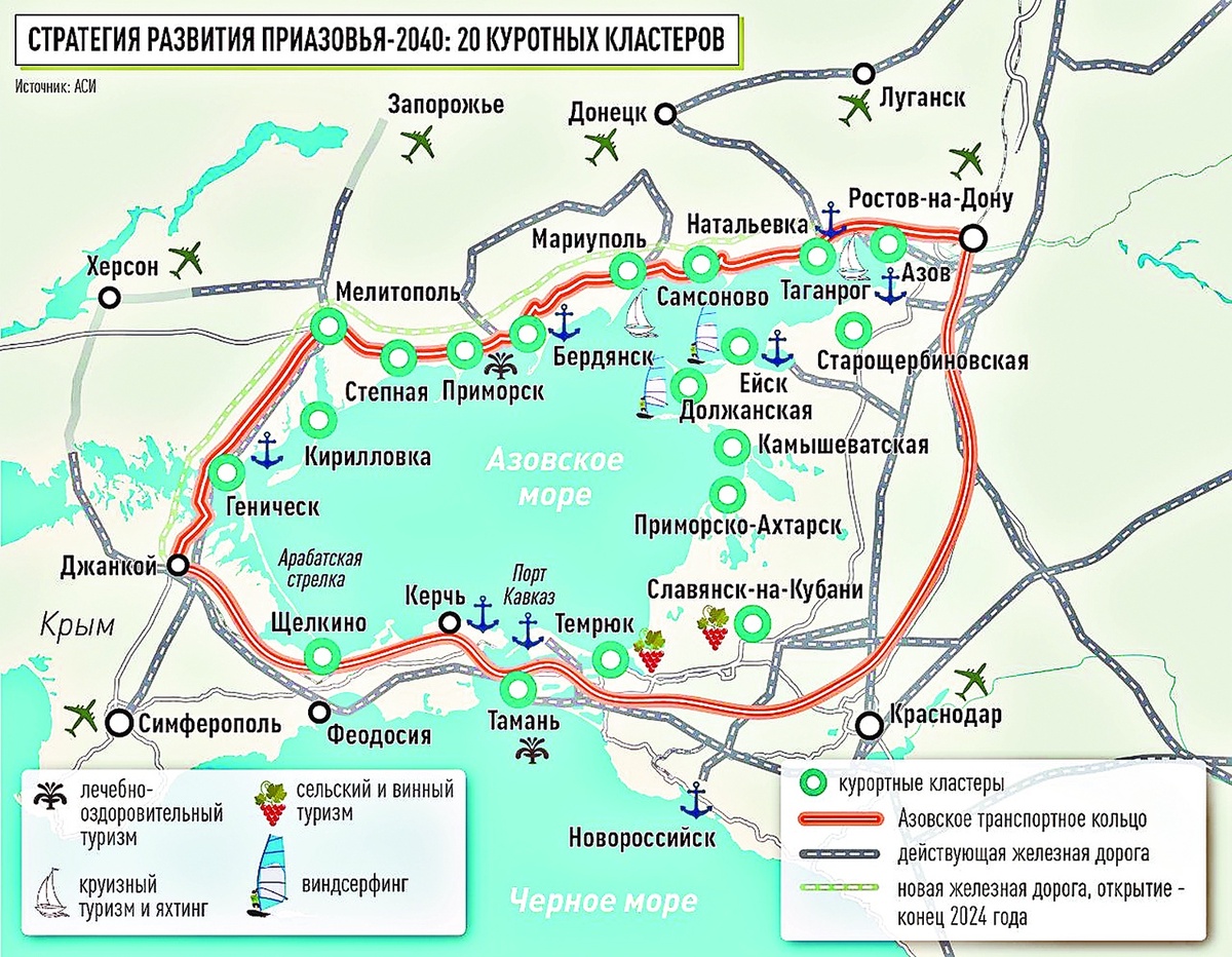 Здесь схематично показано какие туристические направления будут развиваться в городах Приазовья: Славянский и Темрюкский район – сельский и винный туризм, в Тамани, Приморске – лечебно-оздоровительный туризм, под Ейском и на Долгой косе – виндсерфинг, возле Мариуполя появится яхтенная марина