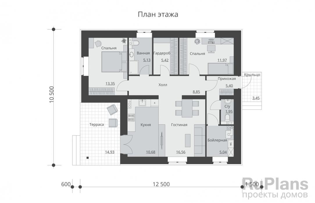 Прихожая - 5,40 м2 С/у - 1,95 м2 Бойлерная - 5,04 м2 Холл - 8,85 м2 Гостиная - 16,56 м2 Кухня - 10,68 м2 Спальня - 13,35 м2; Ванная - 5,13 м2; Гардероб - 5,42 м2; Спальня - 11,97 м2