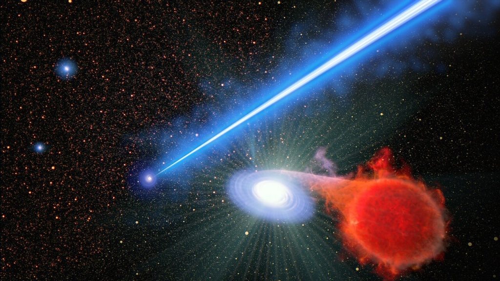    This is an artist's concept looking down into the core of the giant elliptical galaxy M87. A supermassive black hole ejects a 3,000-light-year-long jet of plasma, travelling at nearly the speed of light. In the foreground, to the right is a binary star system. The system is far from the black hole, but in the vicinity of the jet. In the system, an ageing, swelled-up, normal star spills hydrogen onto a burned-out white dwarf companion star. As the hydrogen accumulates on the surface of the dwarf, it reaches a tipping point where it explodes like a hydrogen bomb. Novae frequently pop-off throughout the giant galaxy of 1 trillion stars, but those near the jet seem to explode more frequently. So far, it's anybody's guess why black hole jets enhance the rate of nova eruptions. [Image description: An artist’s concept looks down into the core of the galaxy M87, which is just left of centre and appears as a large blue dot. A bright blue-white, narrow and linear jet of plasma transects the illustration from centre left to upper right. It begins at the source of the jet, the galaxy’s black hole, which is surrounded by a blue spiral of material. At lower right is a red giant star that is far from the black hole and close to the viewer. A bridge of glowing gas links the star to a smaller white dwarf star companion immediately to its left. Engorged with infalling hydrogen from the red giant star, the smaller star exploded in a blue-white flash, which looks like numerous diffraction spikes emitted in all directions. Thousands of stars are in the background.] Александр Шереметьев