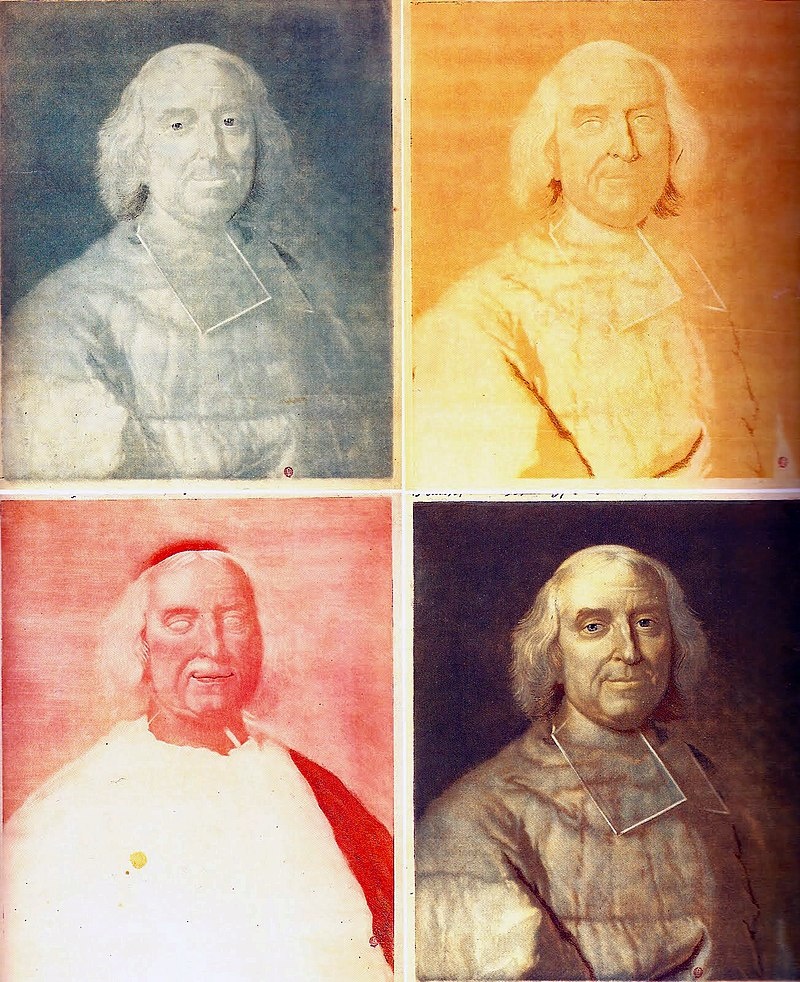 R, Y, B-отпечатки на полутоновом цветном изображении Якоба Кристофа Ле Блона кардинала Флери по картине Гиацинта Риго.