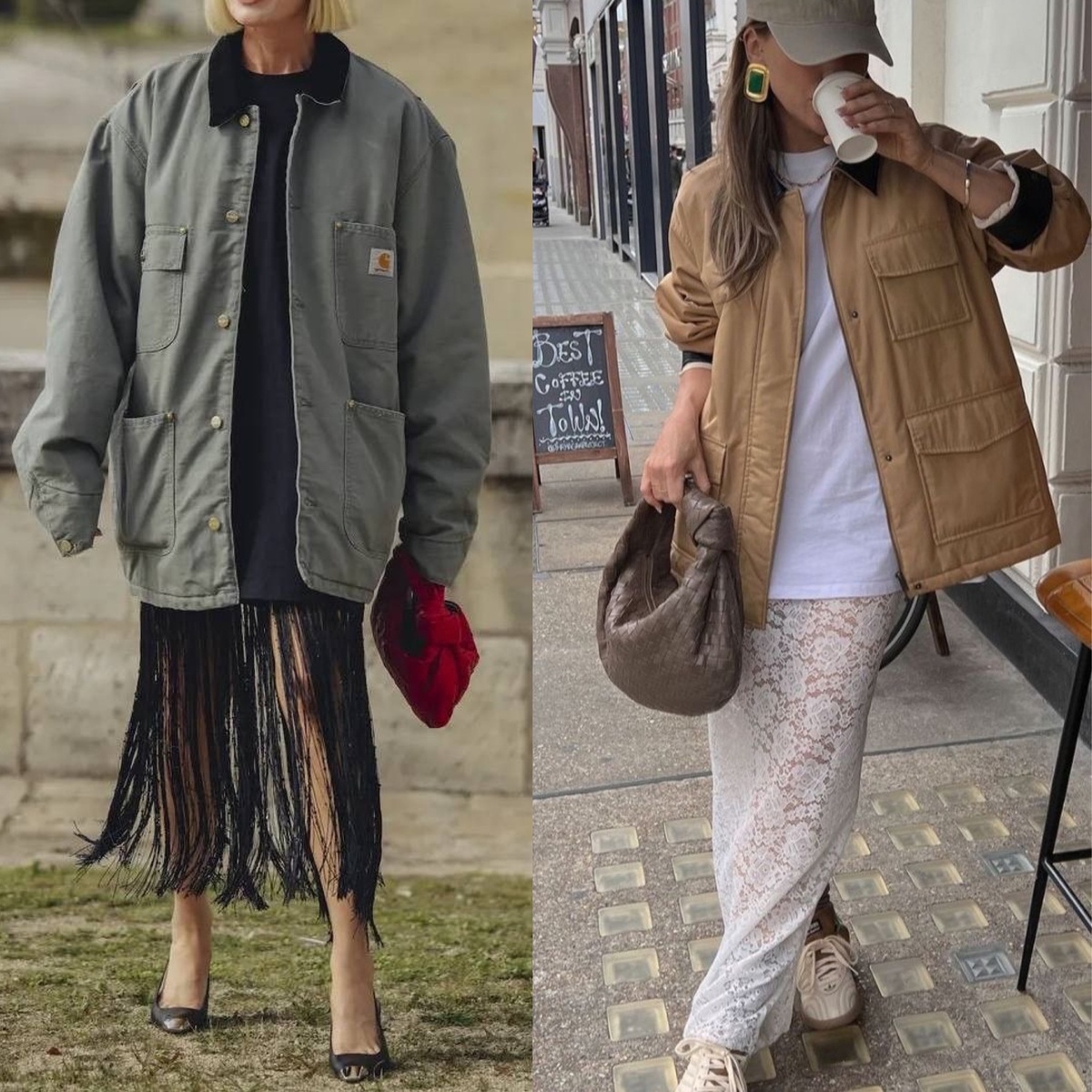 Варианты стилизации «куртки рабочего» с юбками (фото www.pinterest.ru)