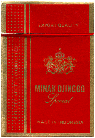 "Minak Djinggo" Special. Индонезия, 1980-е годы. 14 штук (кретеков) с фильтром в боксе и в целлофане. Цена 325 рупий. Производитель: "P.T. Nojorono Tobacco Company". Владелец торговой марки: "P.T. Nojorono Tobacco Company".