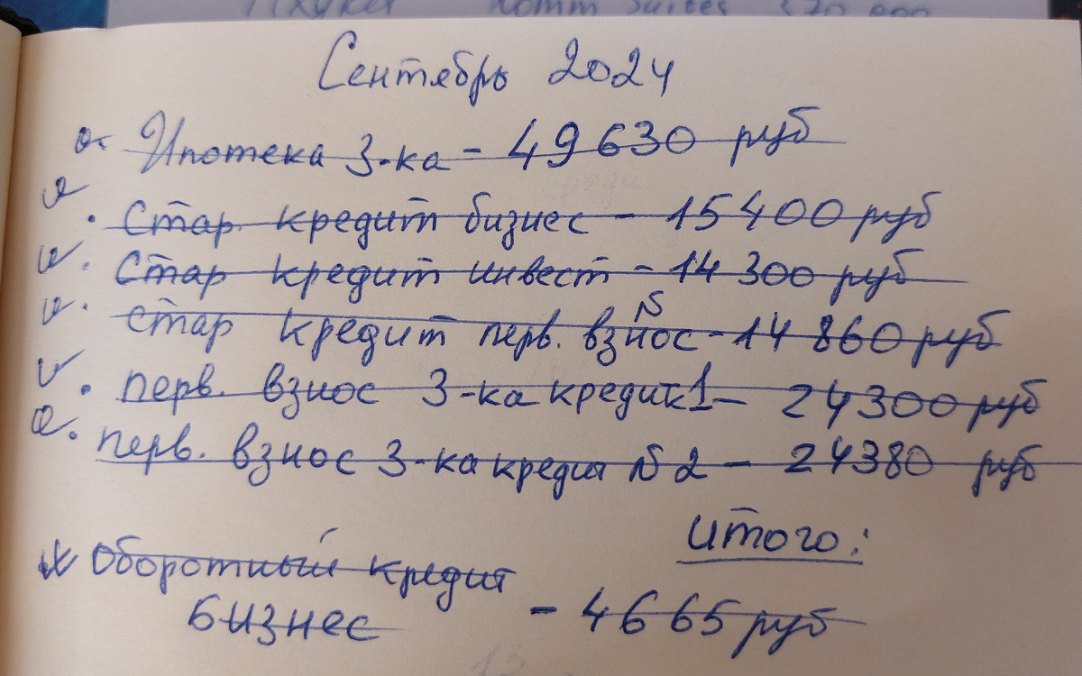 Наши основные кредиты и ипотека, итого по основным 143 000 руб в месяц плюс кредит на бизнес 46650 руб (на фото нолик в записях забыла написать))