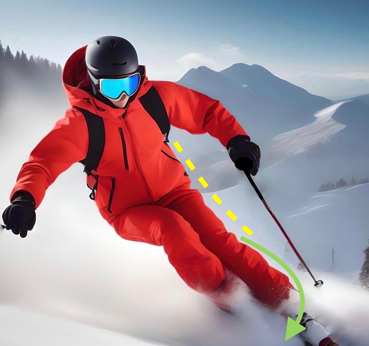 Рис. 2.  Поверните лыжи под углом к вашему движению и наклонитесь к склону.